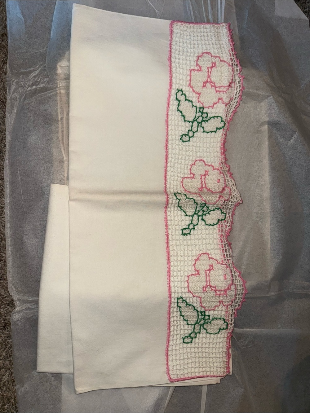 Vintage Handmade White Pillowcases with Pink & Green Crocheted Floral Edge